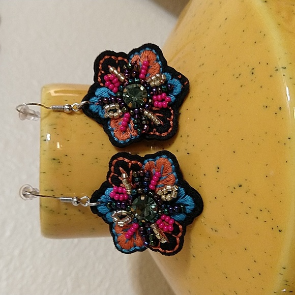 Embroidered Beaded Statement Earrings - Picture 1 of 4